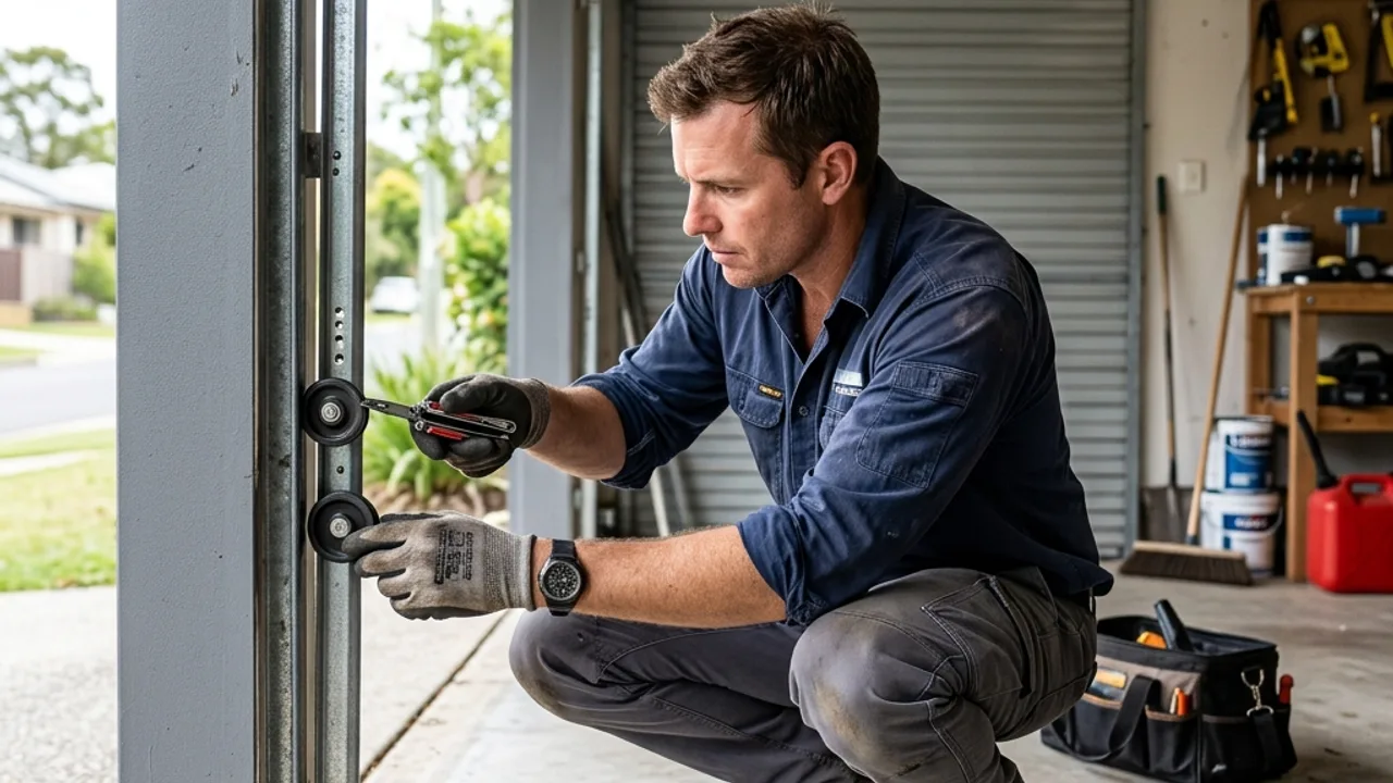 Garage door technician inspecting rollers and track hardware in a Brisbane garage