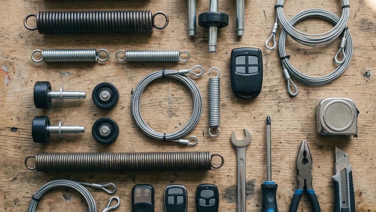 Garage door parts laid out on a workbench
