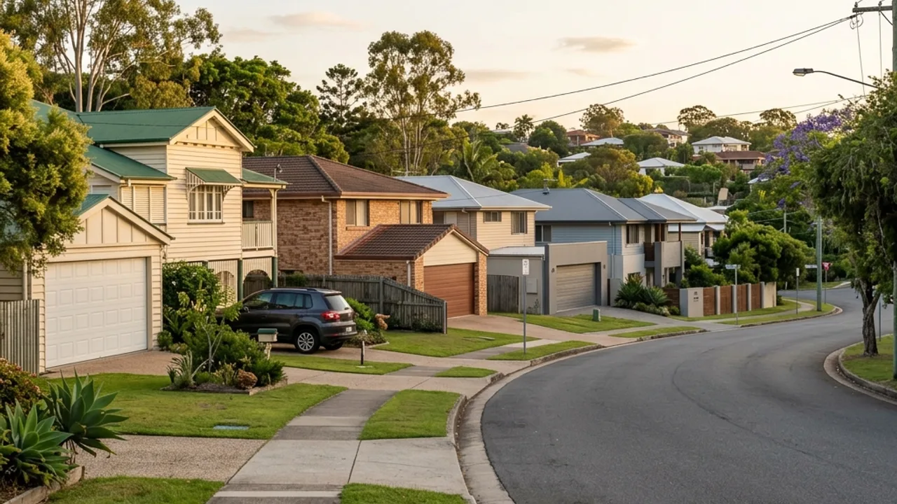 Brisbane suburban street with detached homes and garages