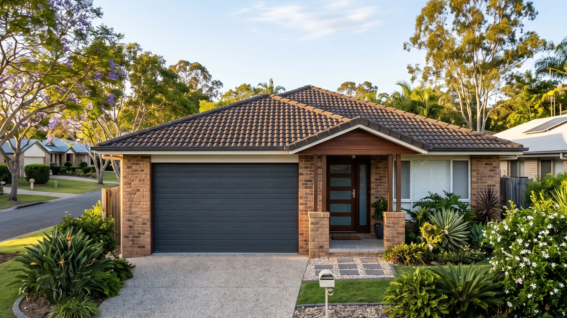 Brisbane home with a modern sectional garage door at sunrise