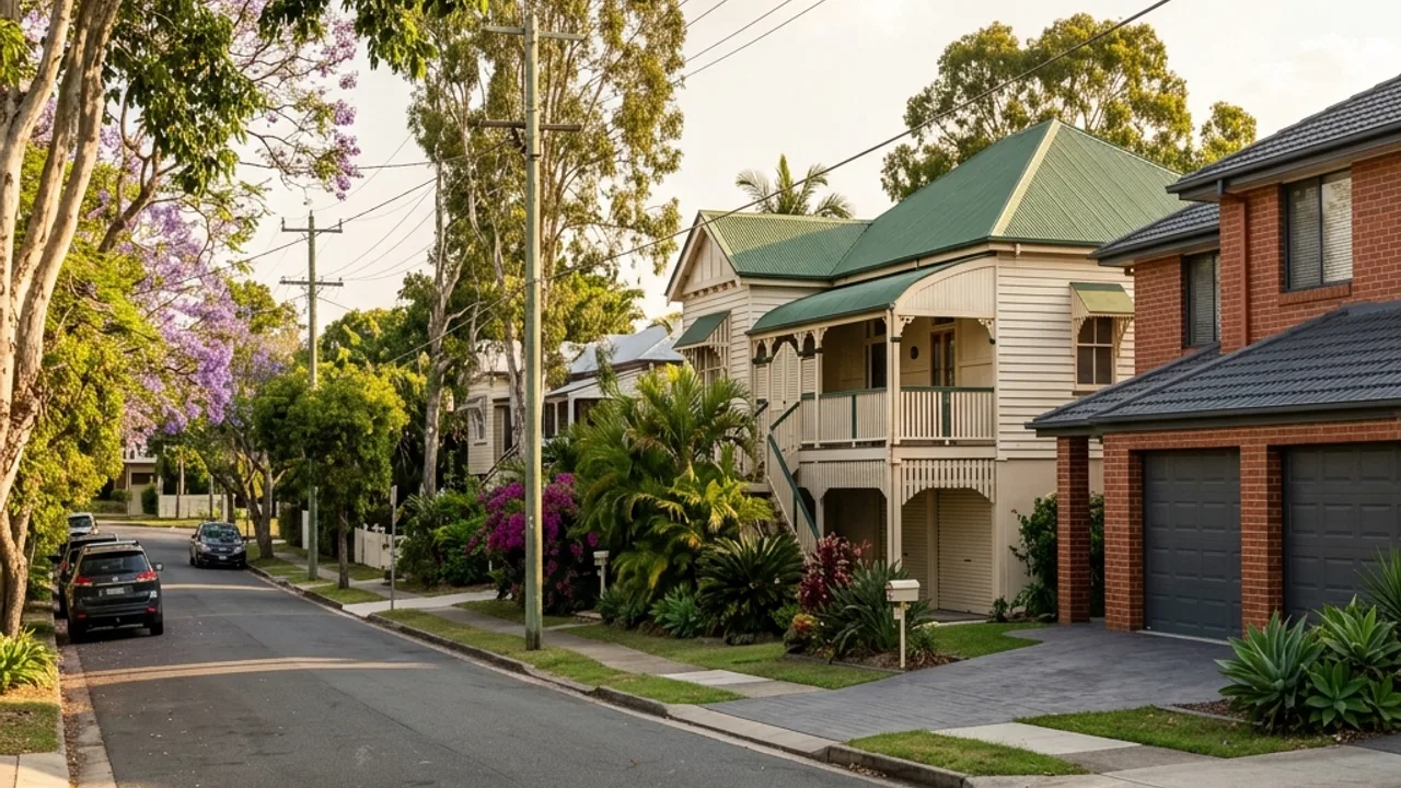 Tree-lined Brisbane suburban street with visible garages
