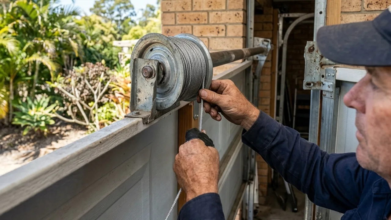 A technician threading a new lift cable onto the cable drum of a sectional garage door