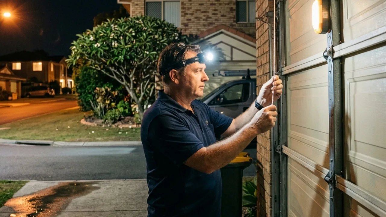 A technician at night using a head torch to release the manual cord on a jammed garage door