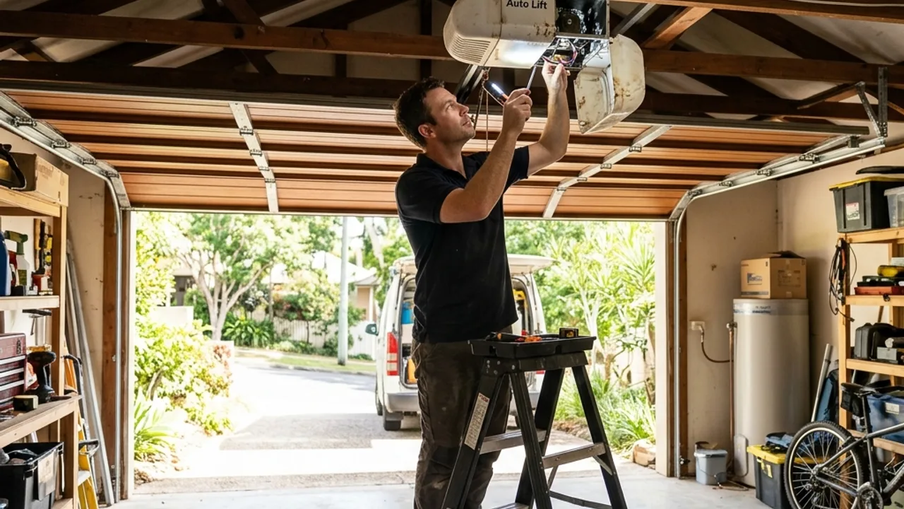 A technician on a step ladder inspecting a ceiling-mounted garage door opener motor