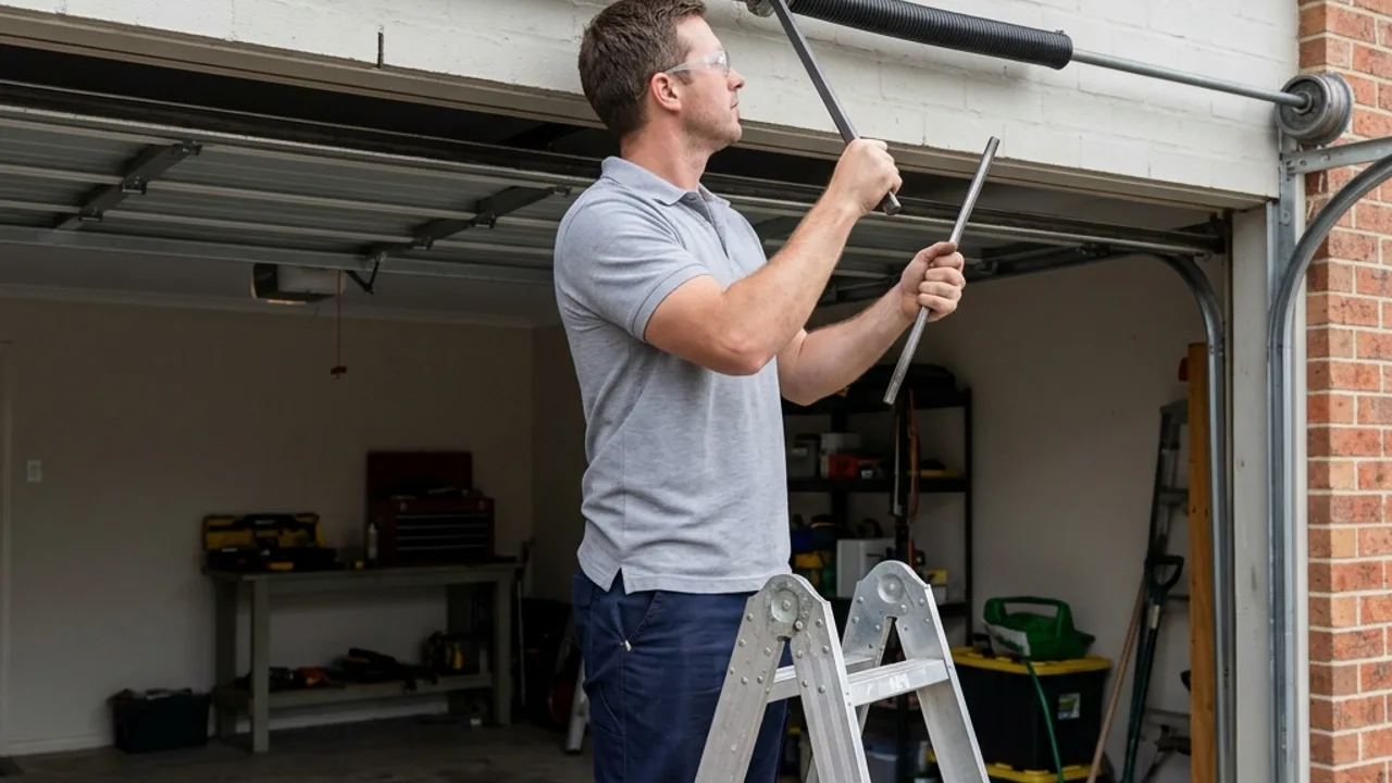 A technician winding a torsion spring on the overhead shaft of a garage door