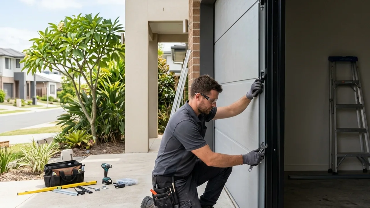 A technician aligning a freshly fitted sectional garage door panel against a new opening