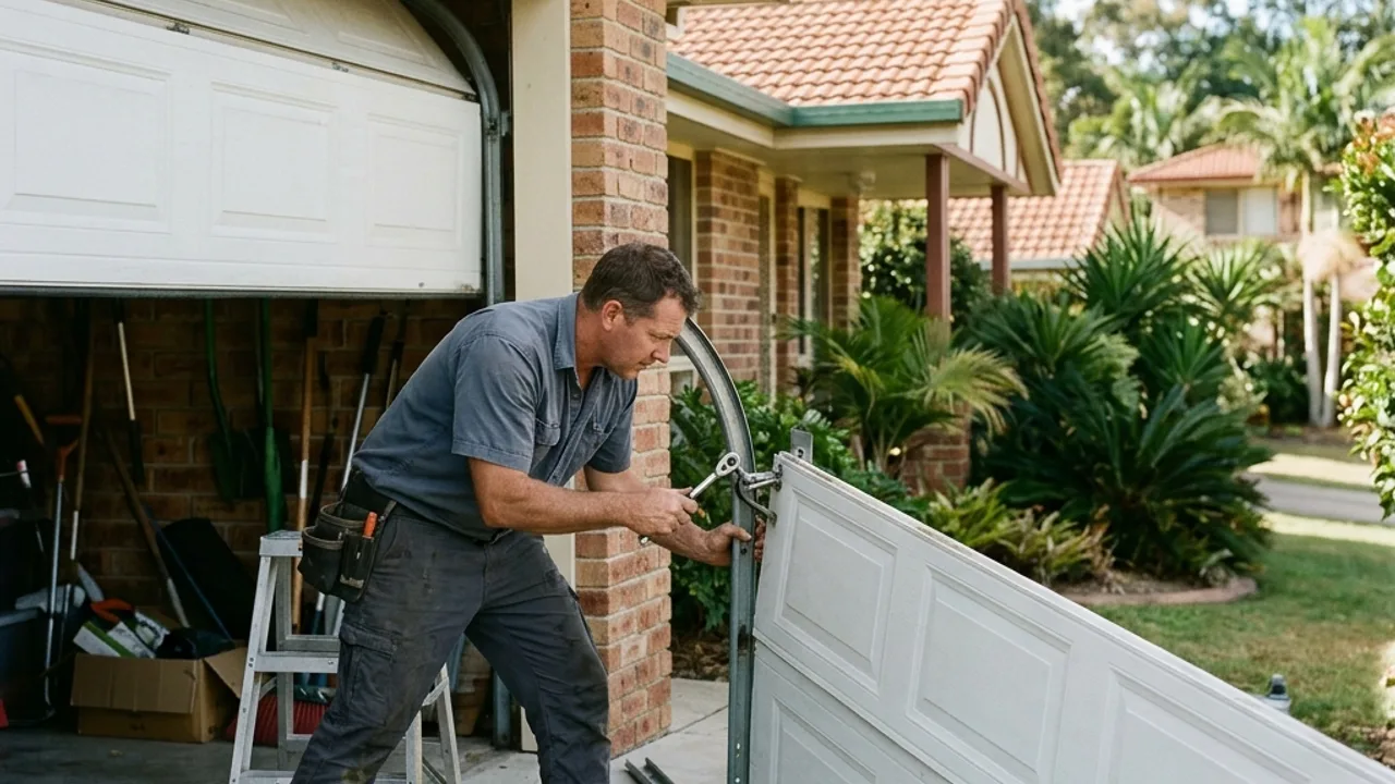A technician steadying a sectional garage door panel that has slipped from its track