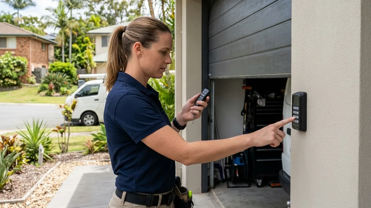 A technician programming a garage remote against a wall-mounted keypad at an open garage