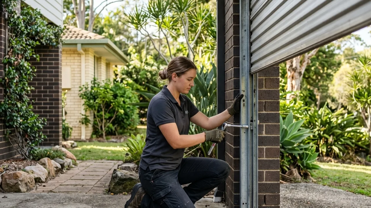 A technician adjusting the side guide channel of a metal roller garage door